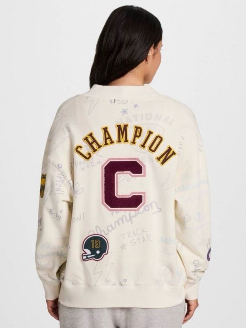 Champion Cream Crewneck with Maroon 'C' Varsity Patch